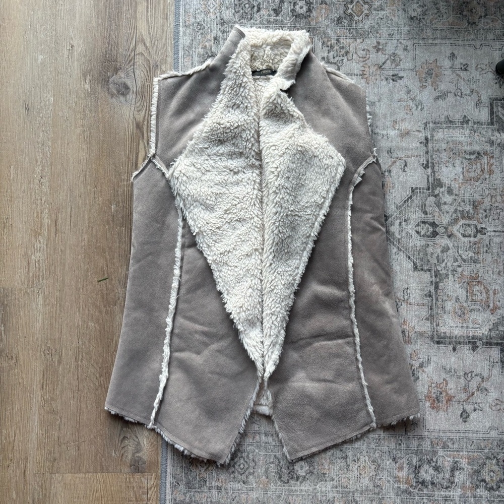 THML Women's Taupe and Cream Shearling Vest